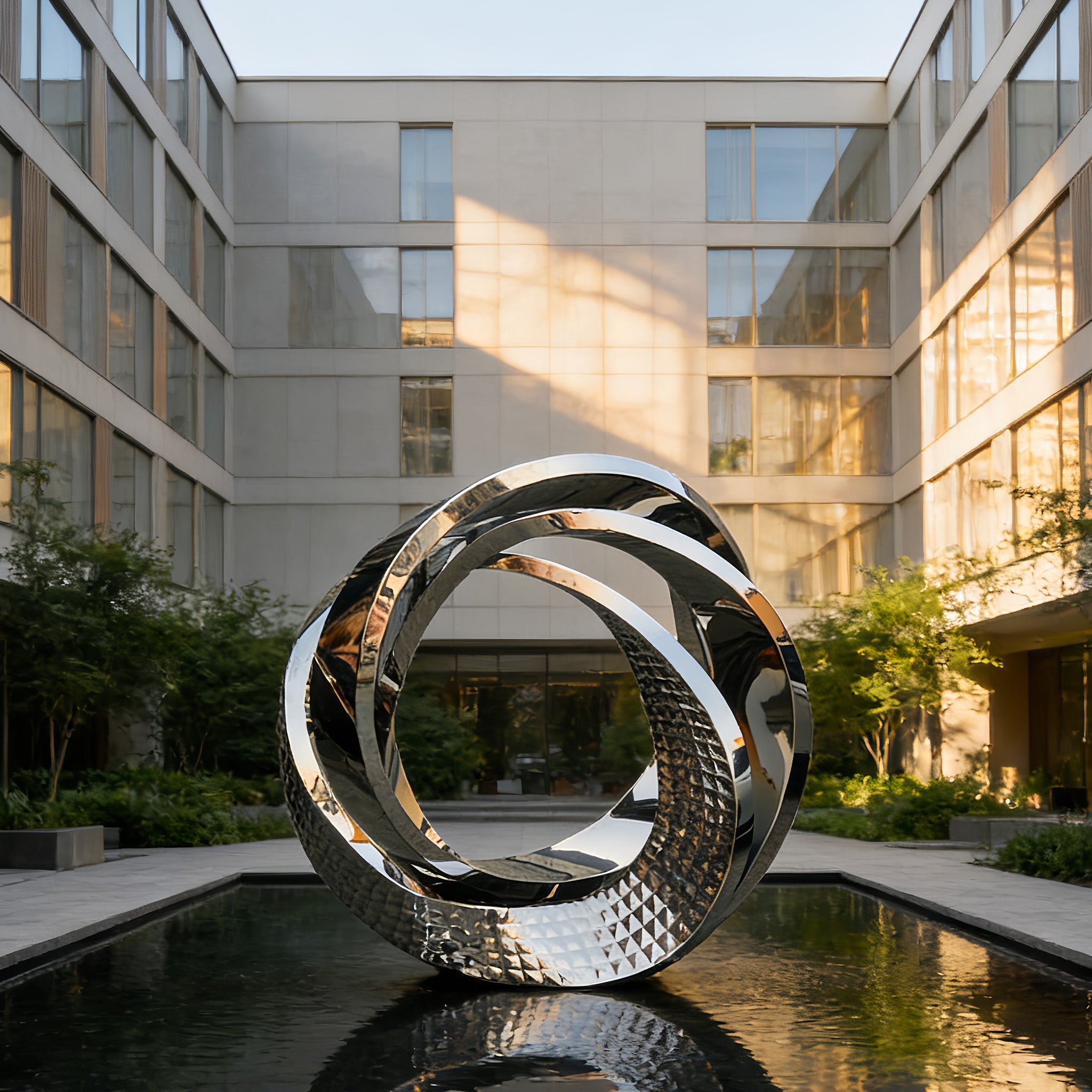geometric sculpture project stainless steel circle sculpture standing in the pool