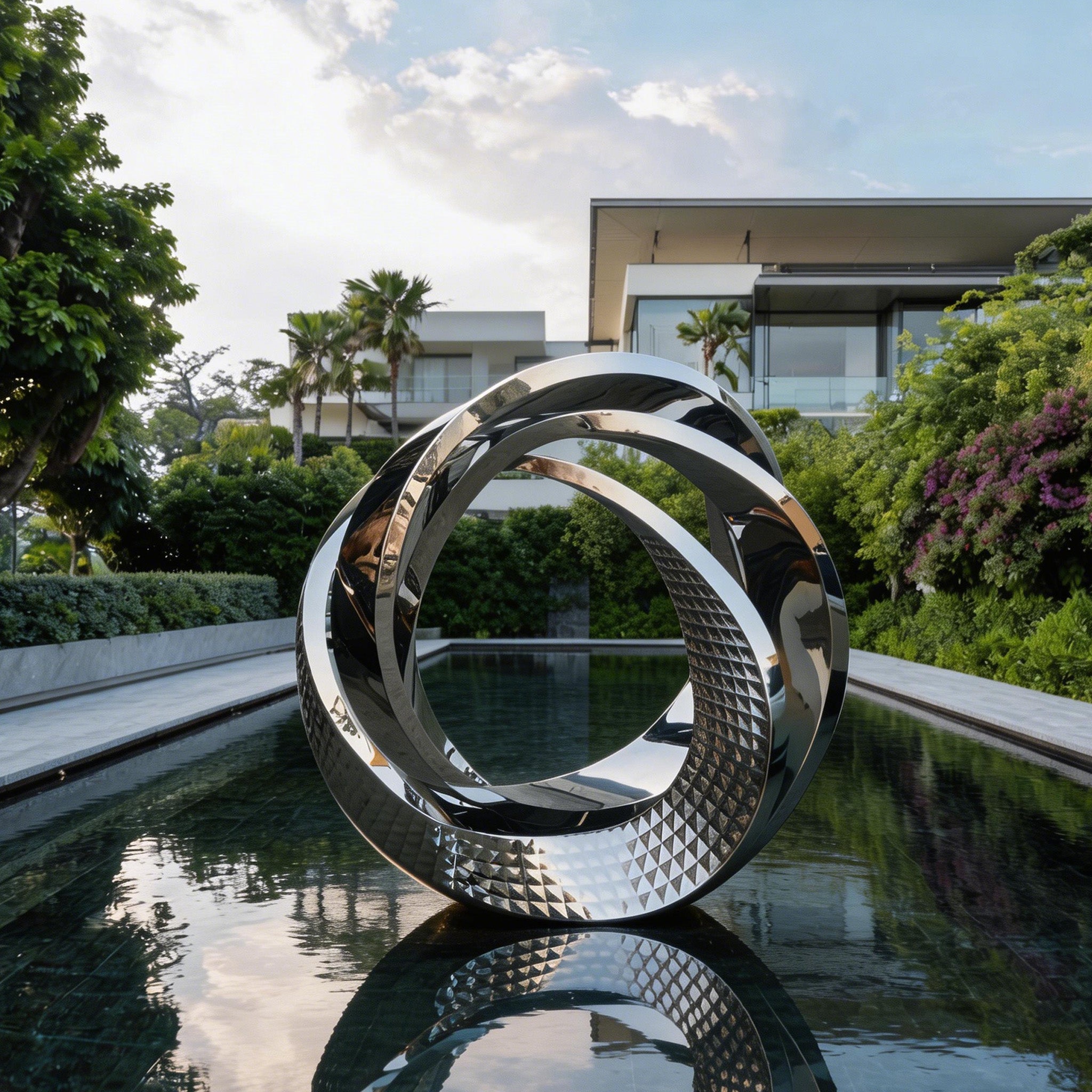 geometric sculpture project stainless steel circle sculpture standing in the pool-1