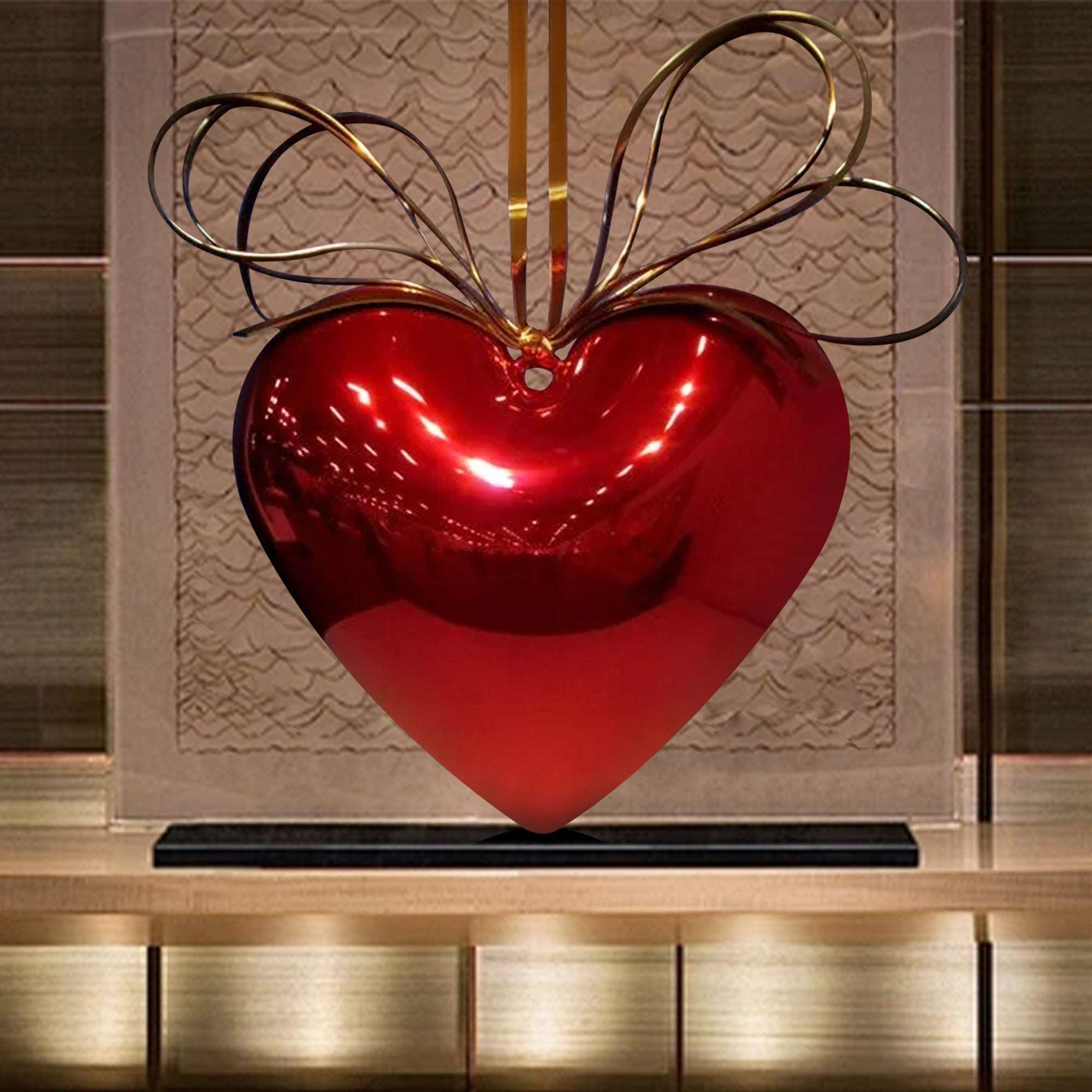 metal stainless steel large red love heart sculptures placing in hotel lobby