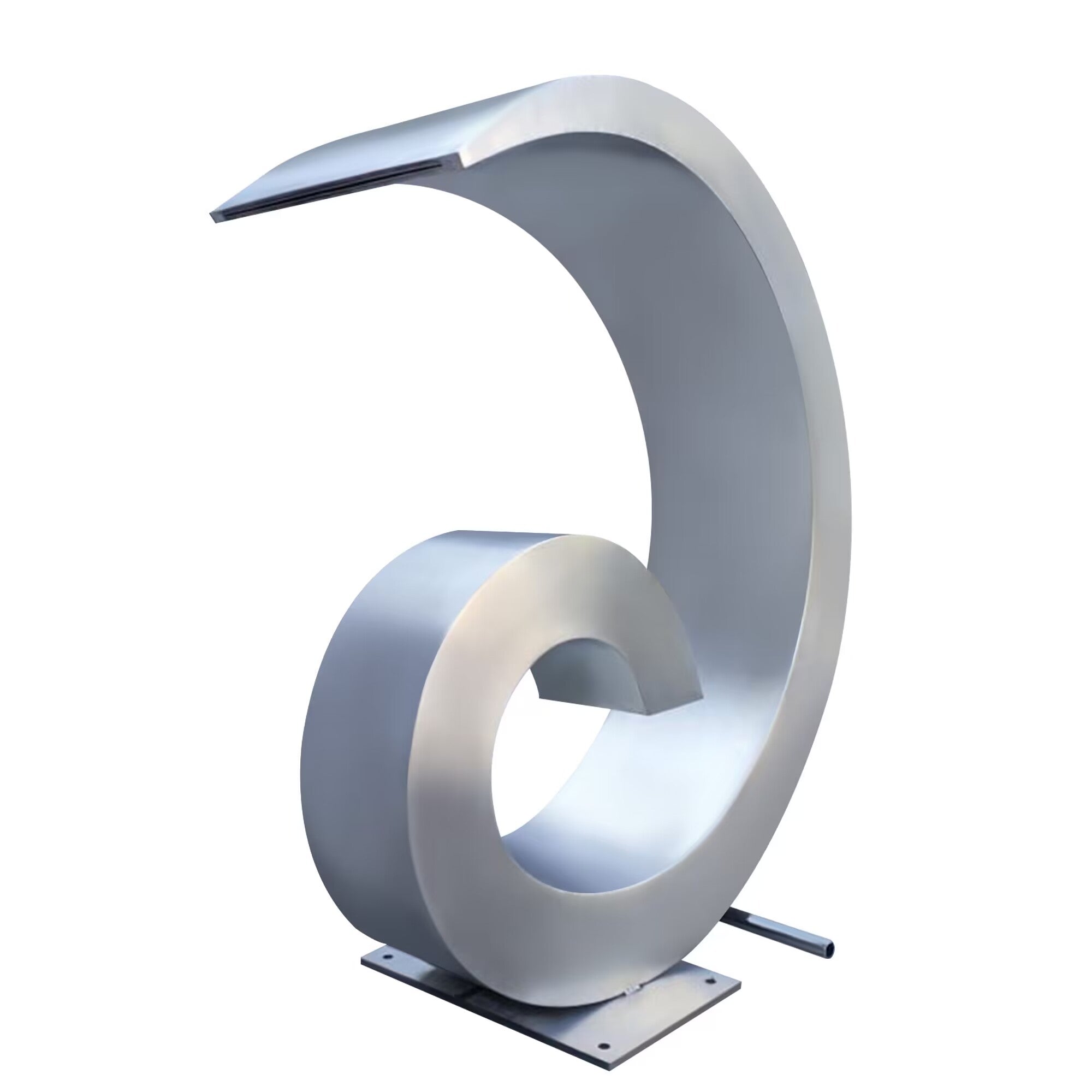 Stainless steel water fountain sculpture with a spiral design and brushed satin finish