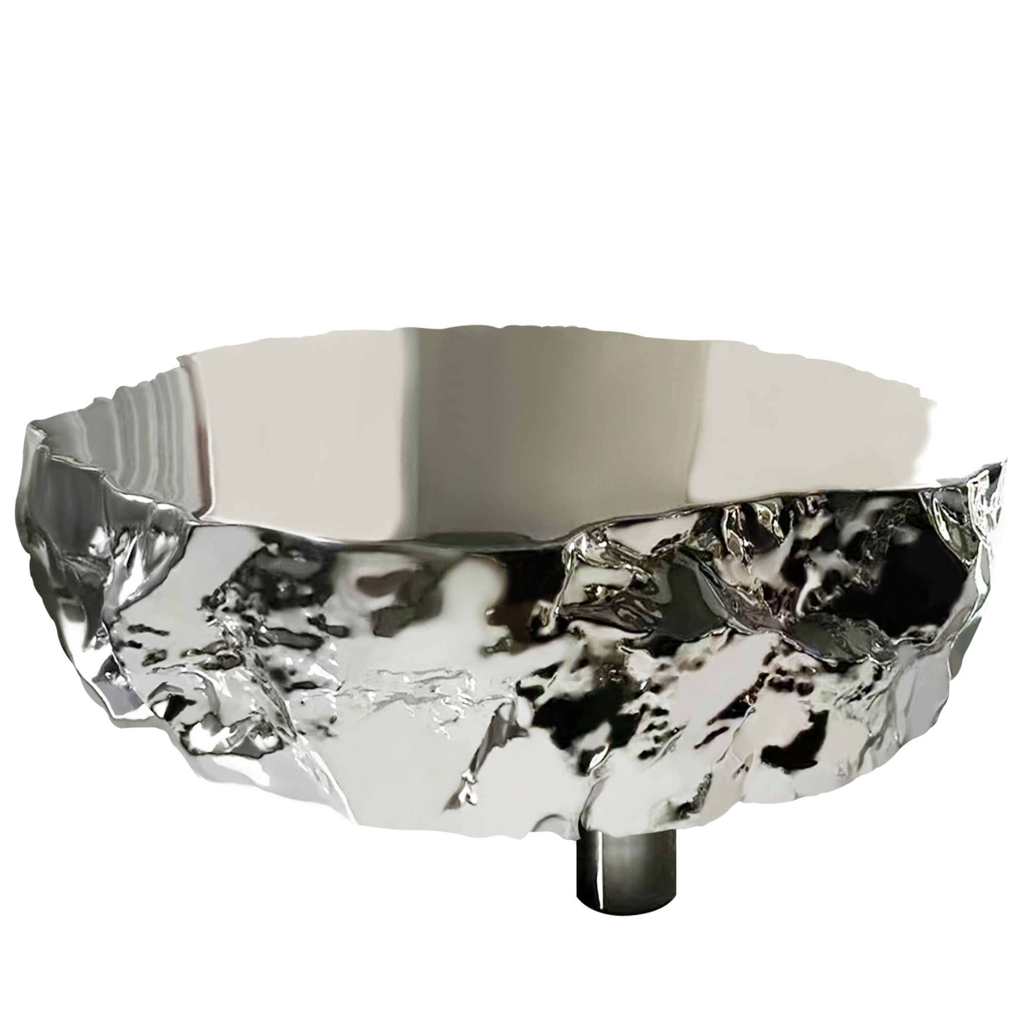 Modern stainless steel coffee table with a polished mirror surface and textured base