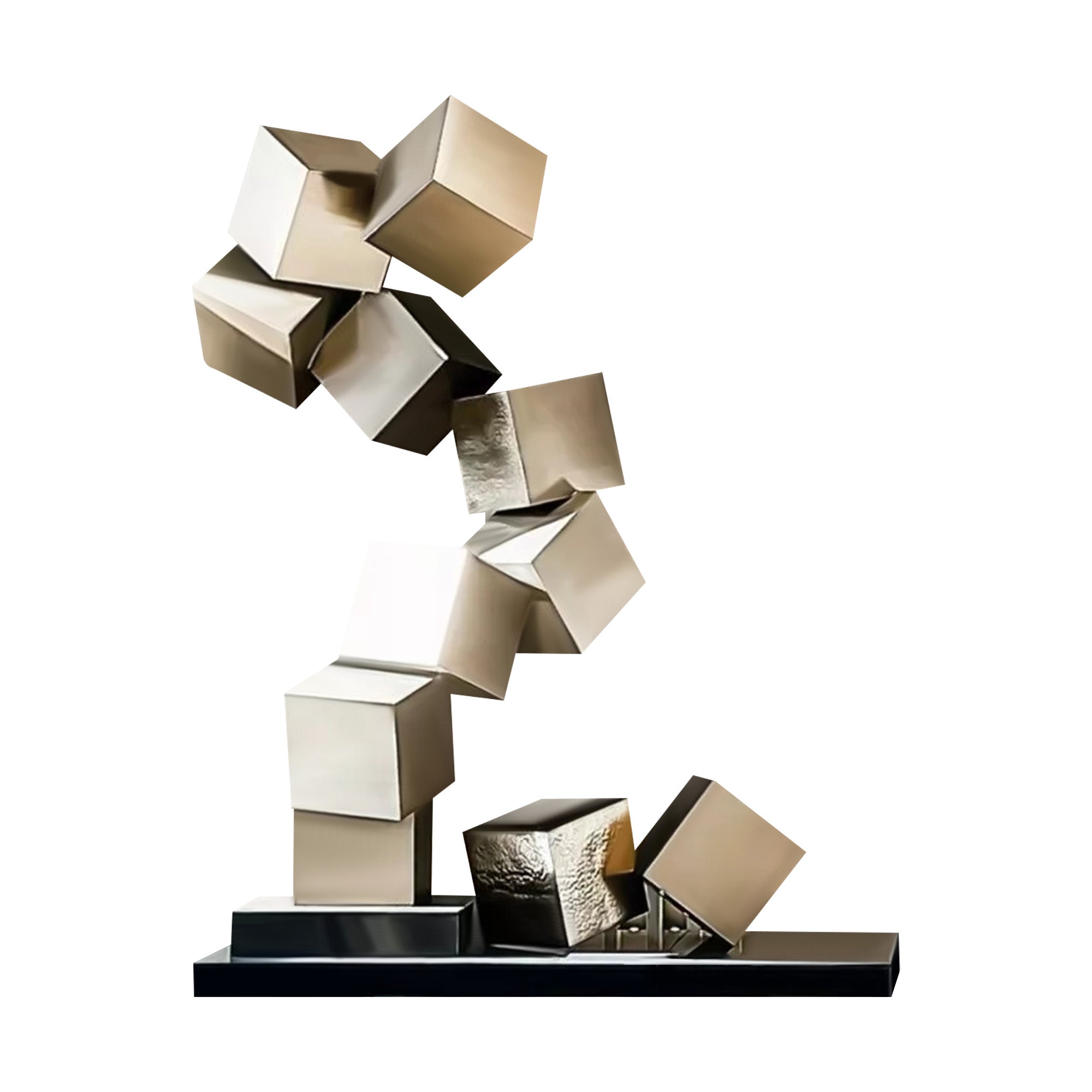 Abstract sculpture featuring stacked gold cubes