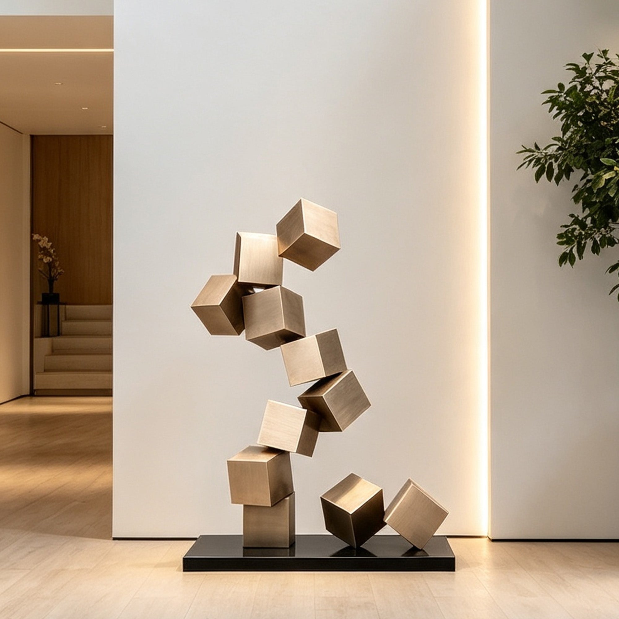 Abstract sculpture featuring stacked gold cubes, displayed in a modern interior setting.