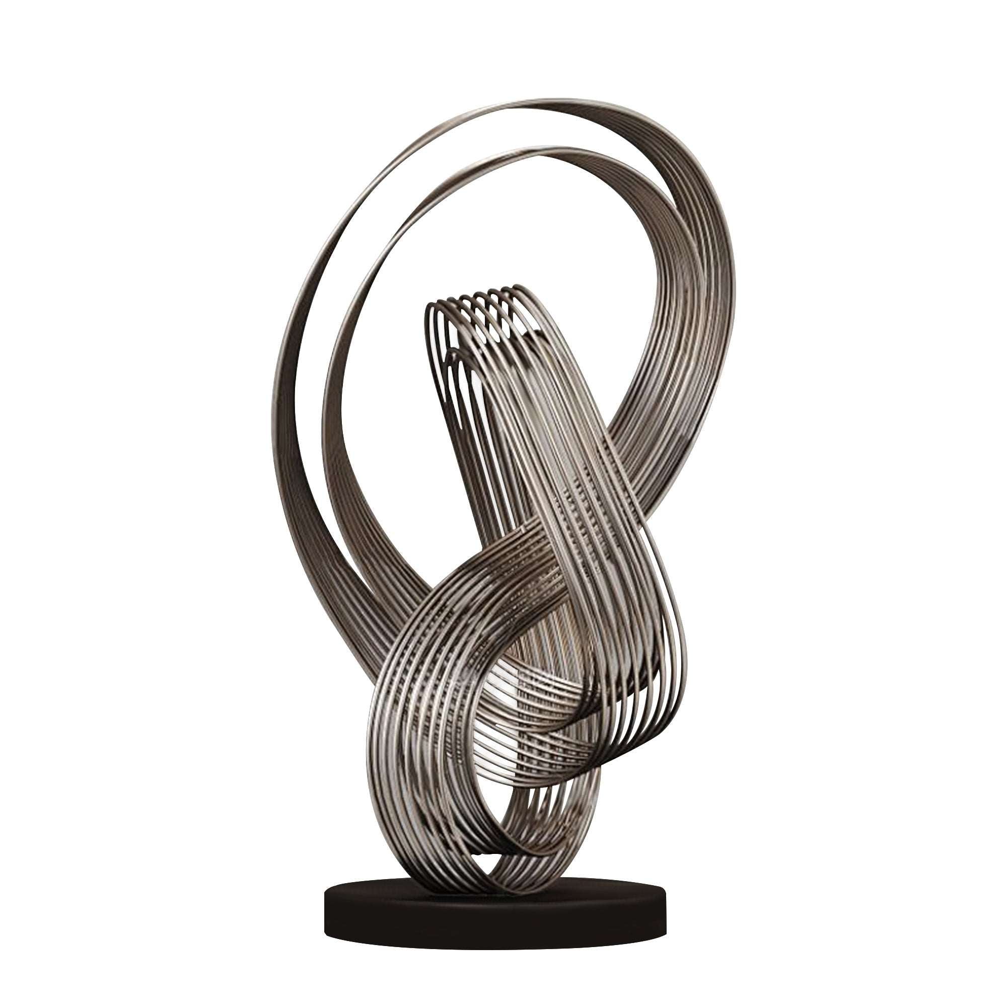 Polished abstract metal floor sculpture with flowing, intertwined lines