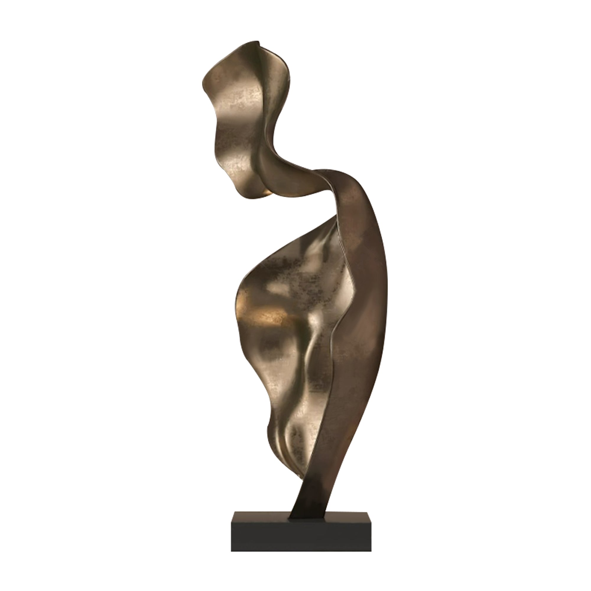 Modern abstract gold metal indoor sculpture with a fluid, twisting form