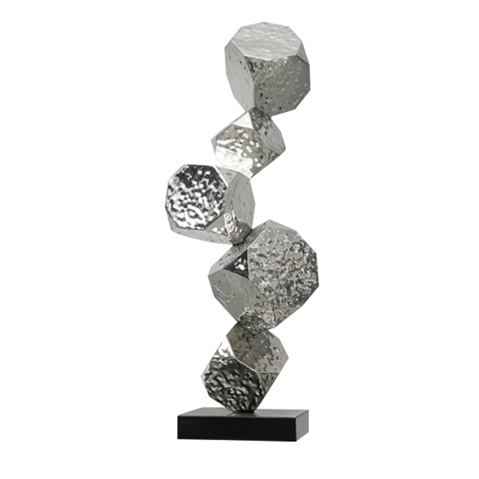 Modern geometric abstract metal floor sculpture with hammered shapes and silver plating