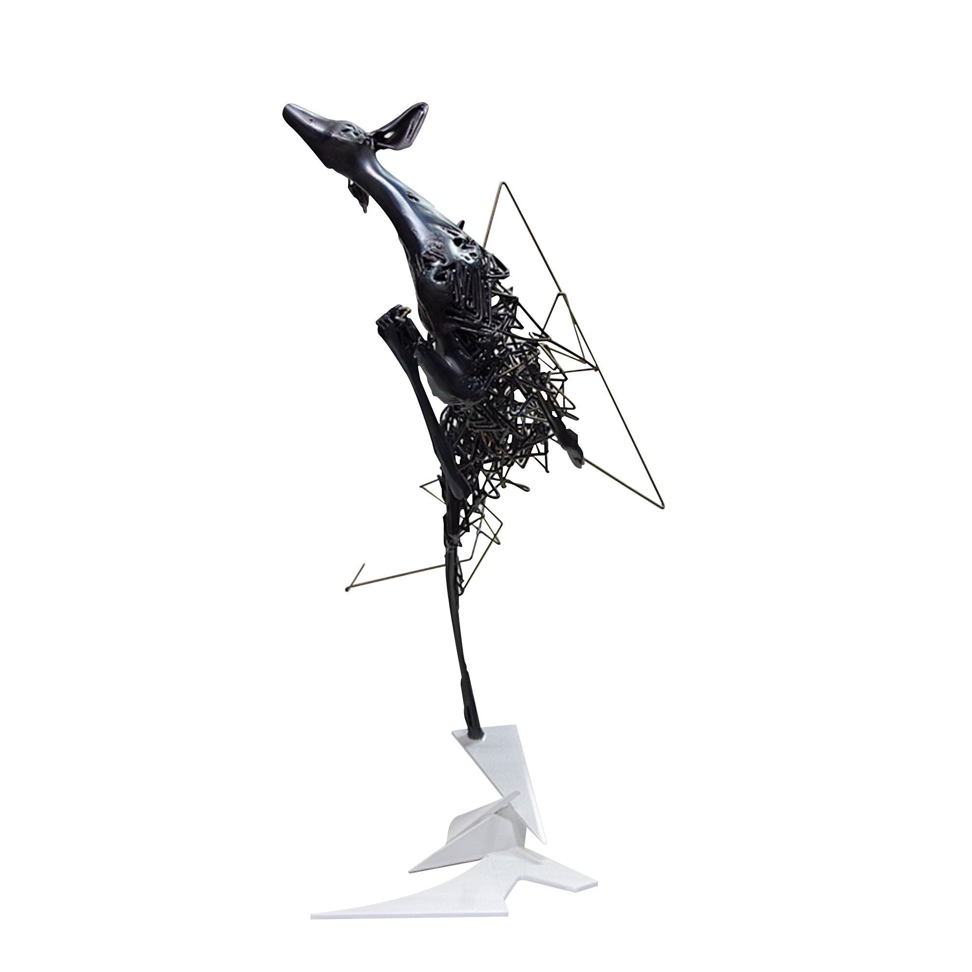 Abstract metal floor sculpture of a deer with fragmented design in glossy black and matte white