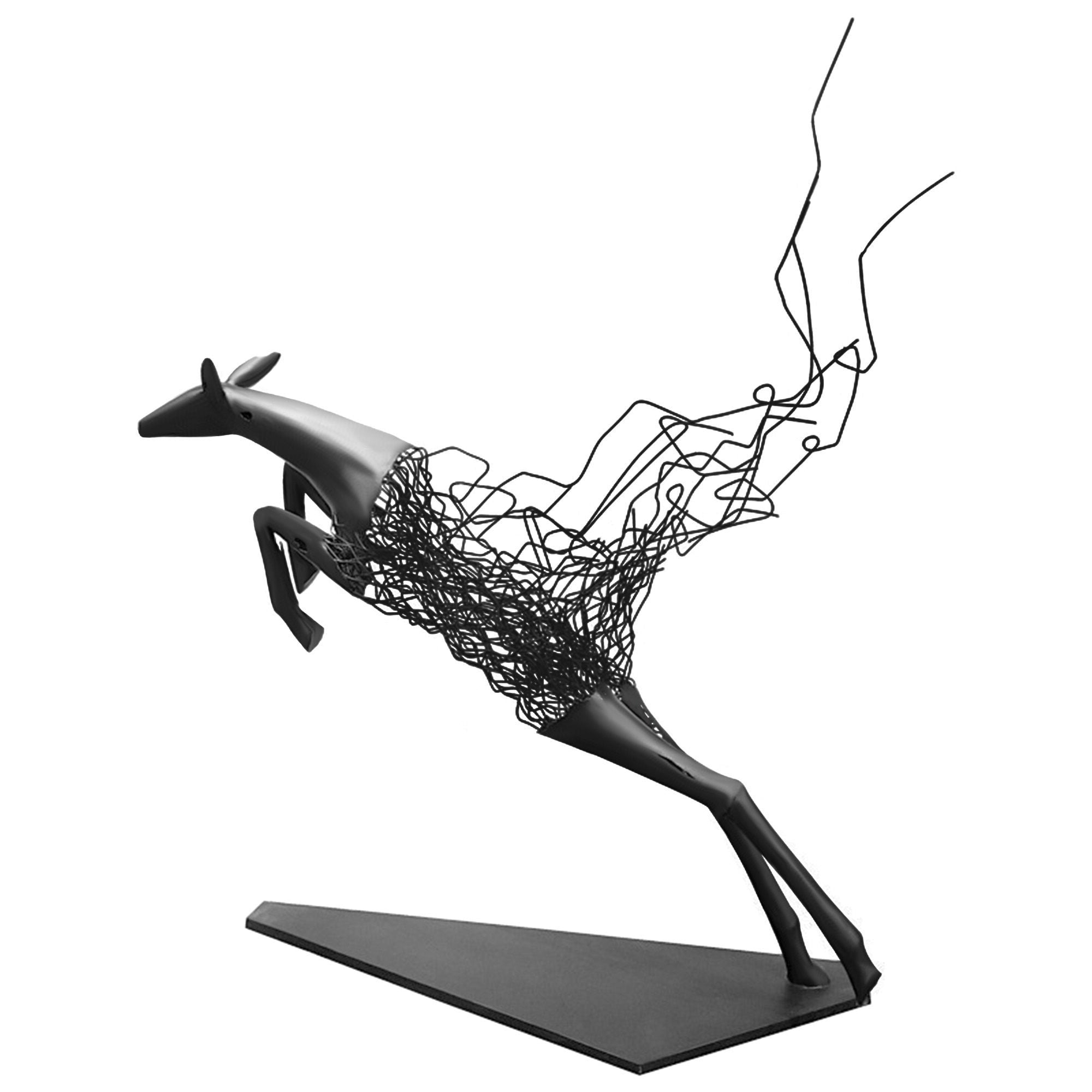 Abstract metal floor sculpture of a deer with fragmented design in glossy black and matte white