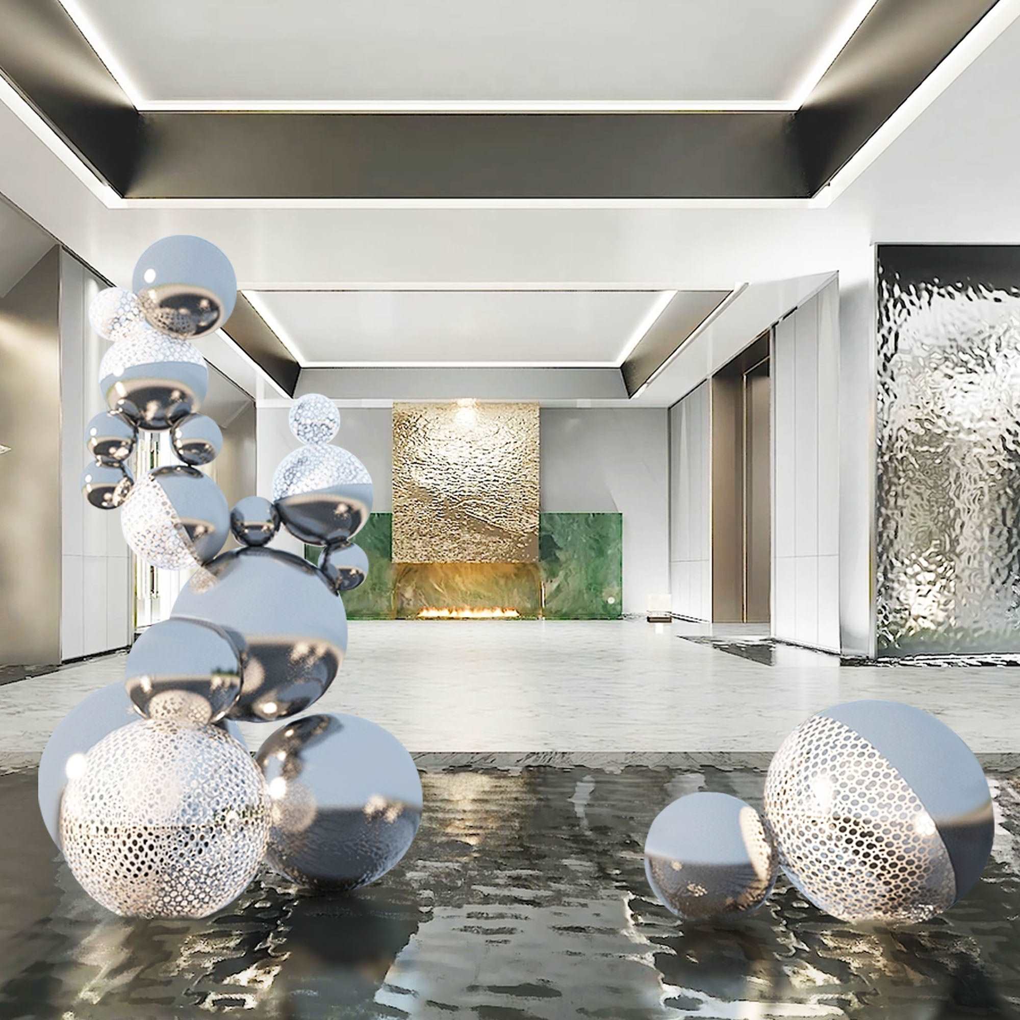 Geometric stainless steel hollow sphere sculpture with polished finish, displayed in a modern indoor setting.