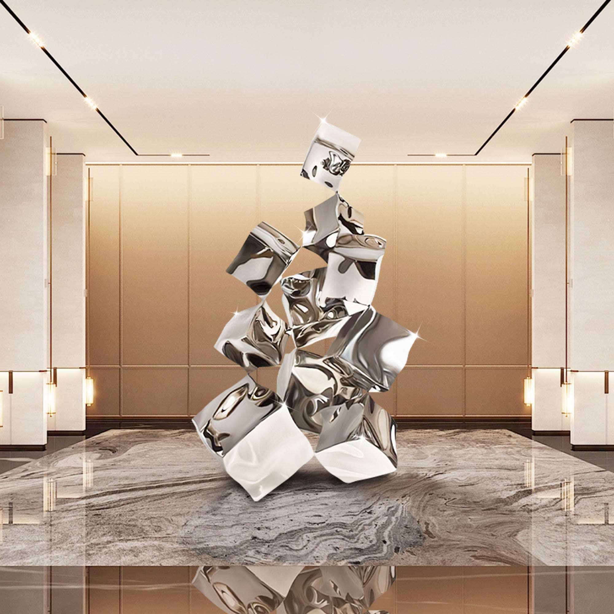 Abstract stainless steel cube sculpture with high-polished finish, displayed in a luxury indoor setting.