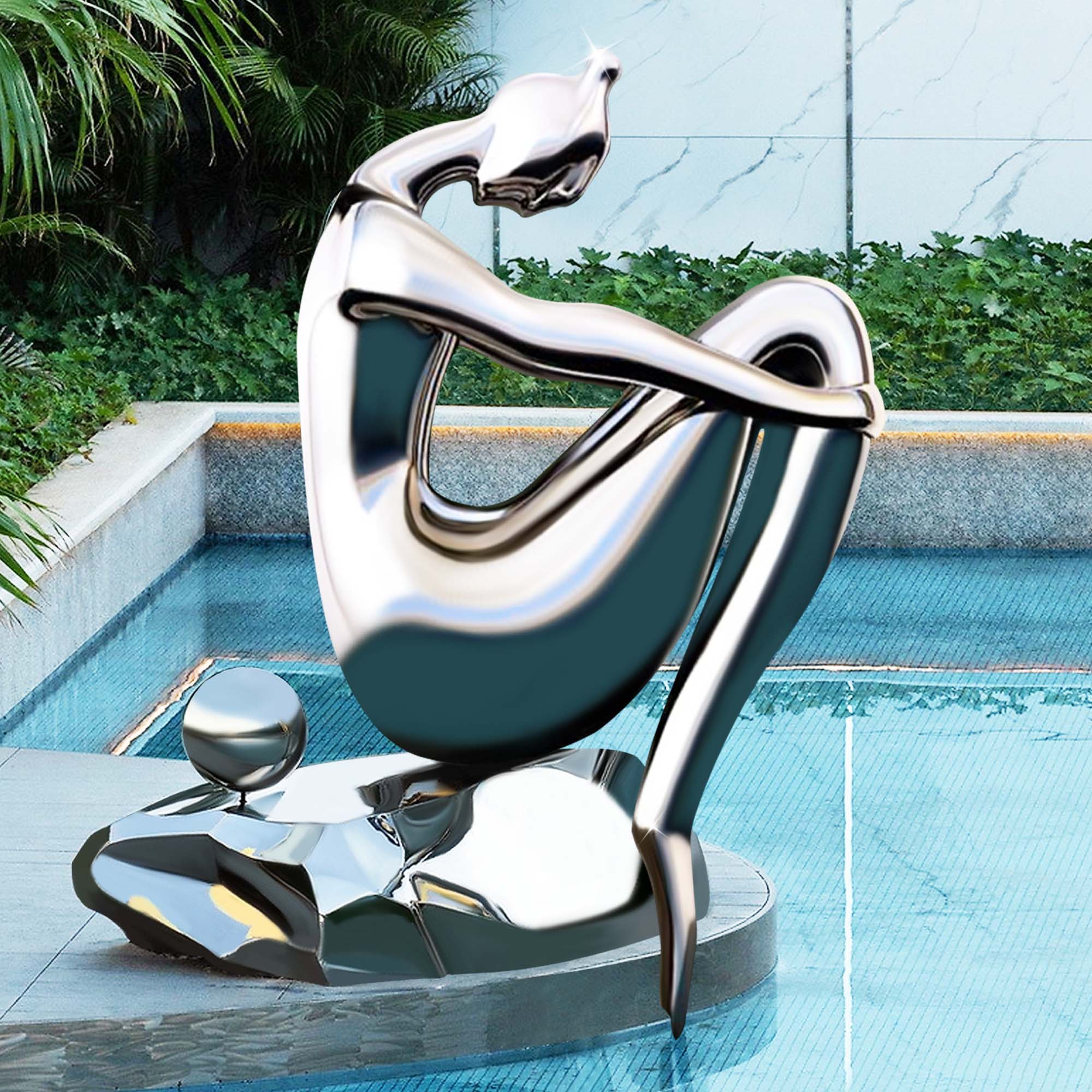 Abstract stainless steel human form sculpture with high-polished finish, displayed poolside in a modern outdoor setting.