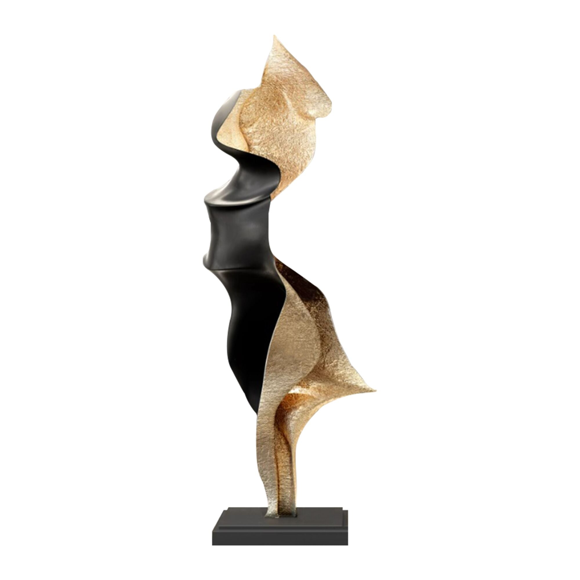 Abstract gold and black floor sculpture with flowing curves