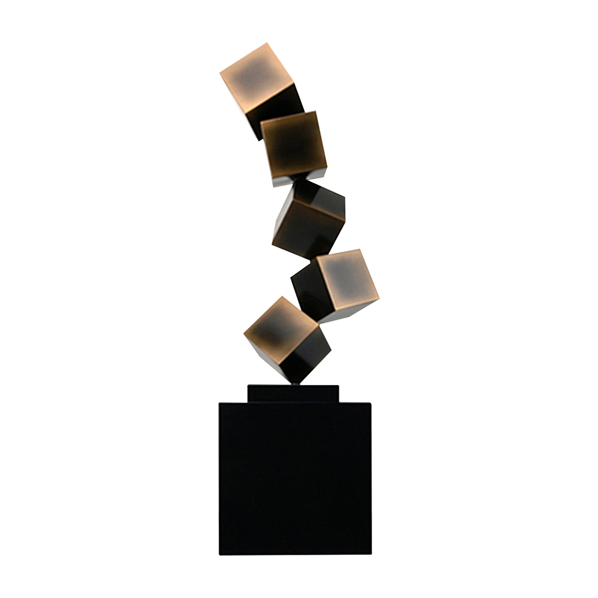 Modern abstract metal cube sculpture with bronze accents on a black base