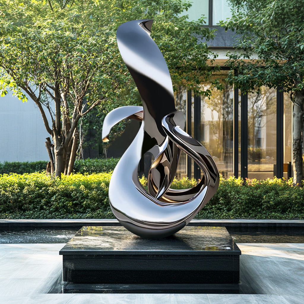outdoor modern abstract stainless steel sculpture in garden