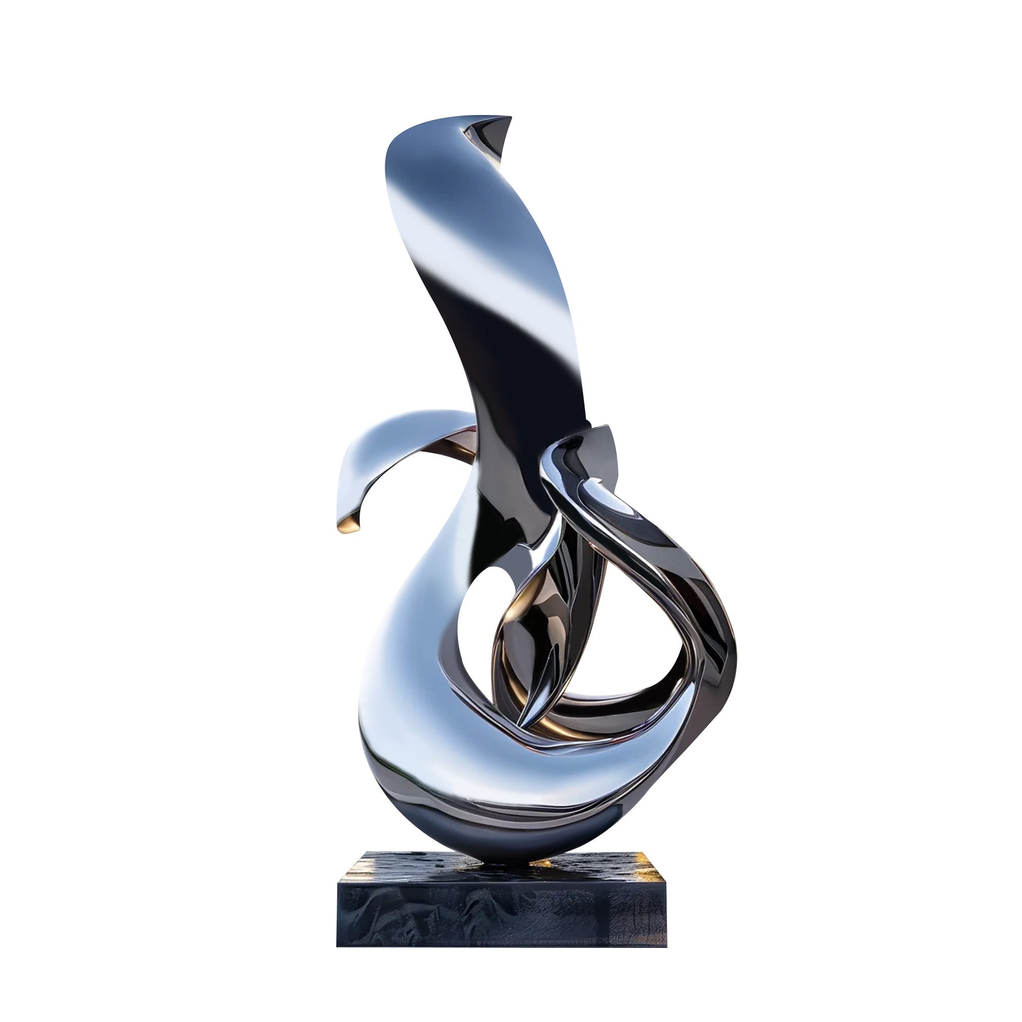 Sleek abstract stainless steel sculpture with polished chrome finish and fluid curves