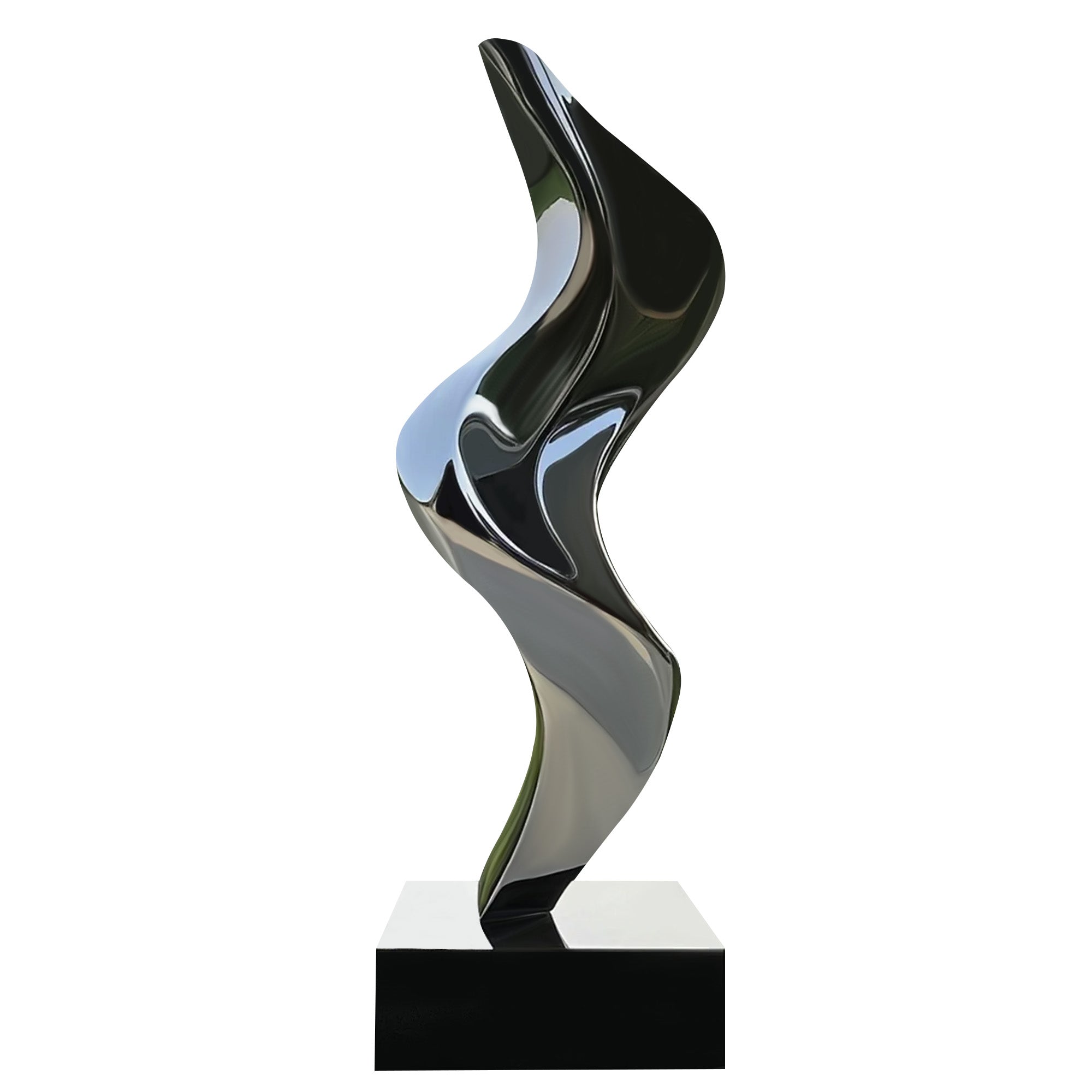 Elegant abstract stainless steel sculpture with a fluid, mirror-polished form