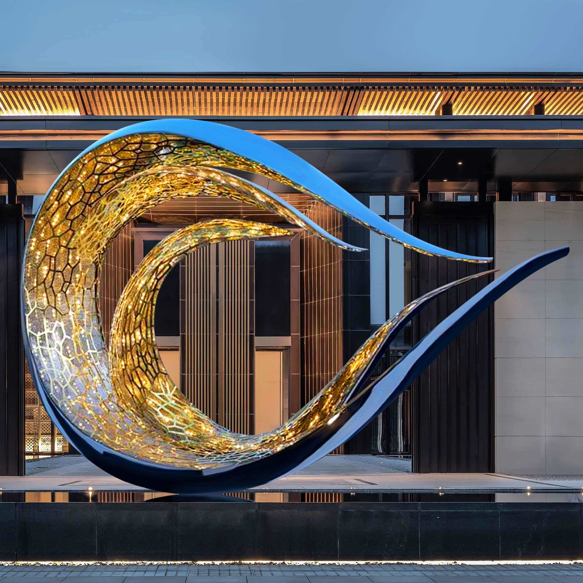 Modern wave-inspired stainless steel light sculpture with black and gold finish, ideal for luxury interiors and outdoor decor.