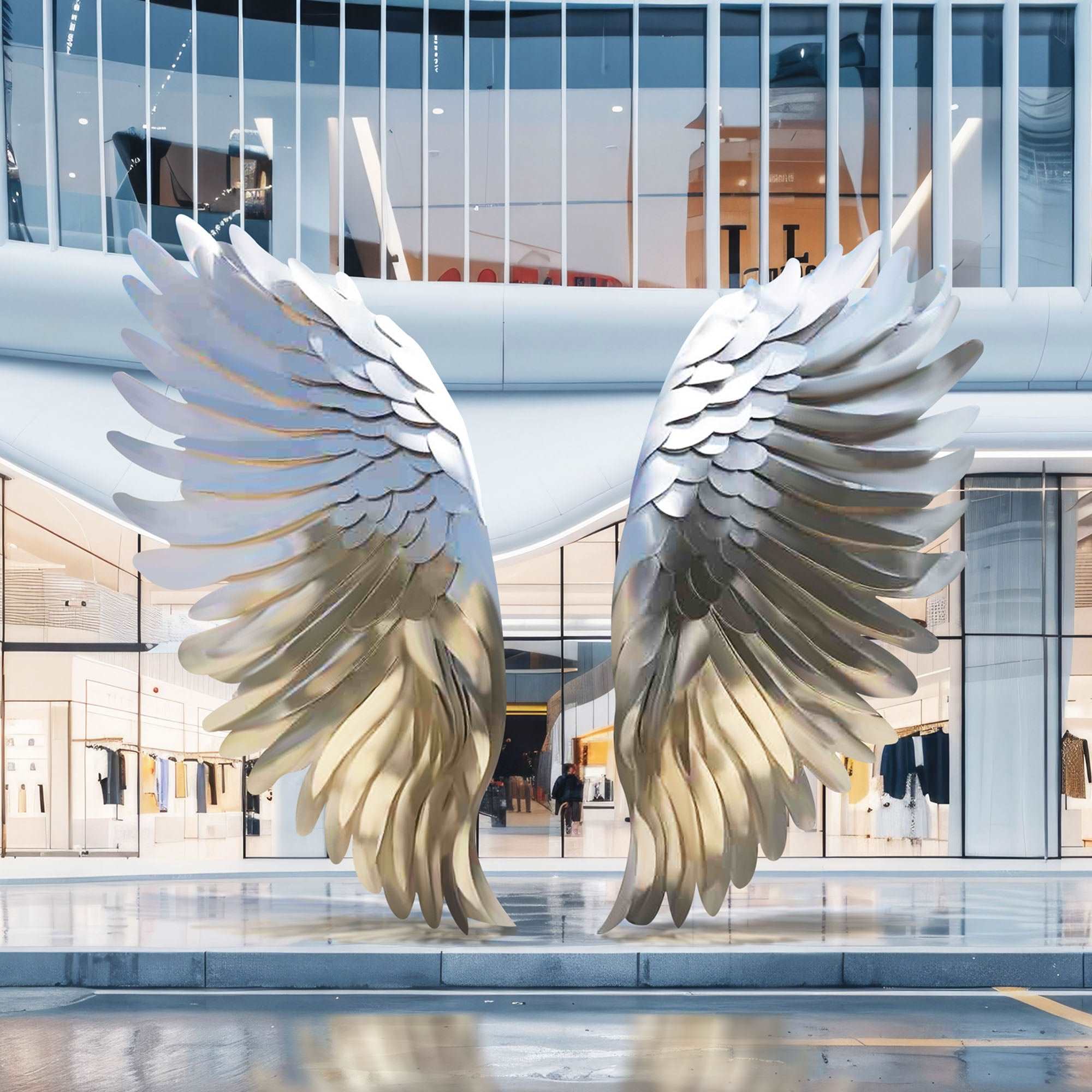 Stainless Steel Angel Wings Sculpture installed outdoors in front of a modern building