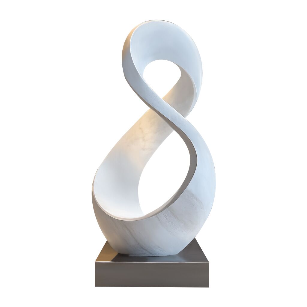 Custom stainless steel abstract sculpture with a white body and natural stainless steel base