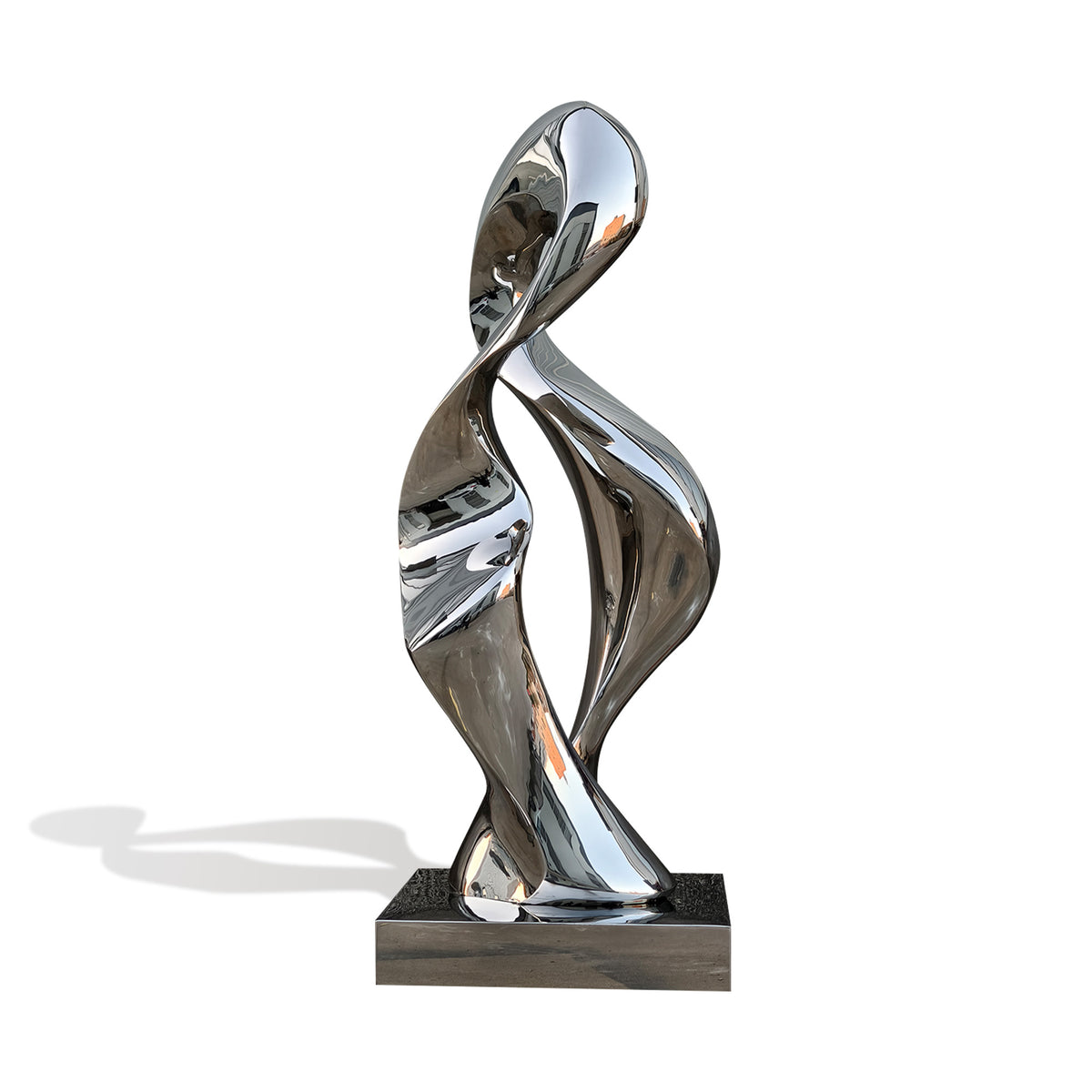 Custom modern art stainless steel abstract sculpture with brushed finish and square base