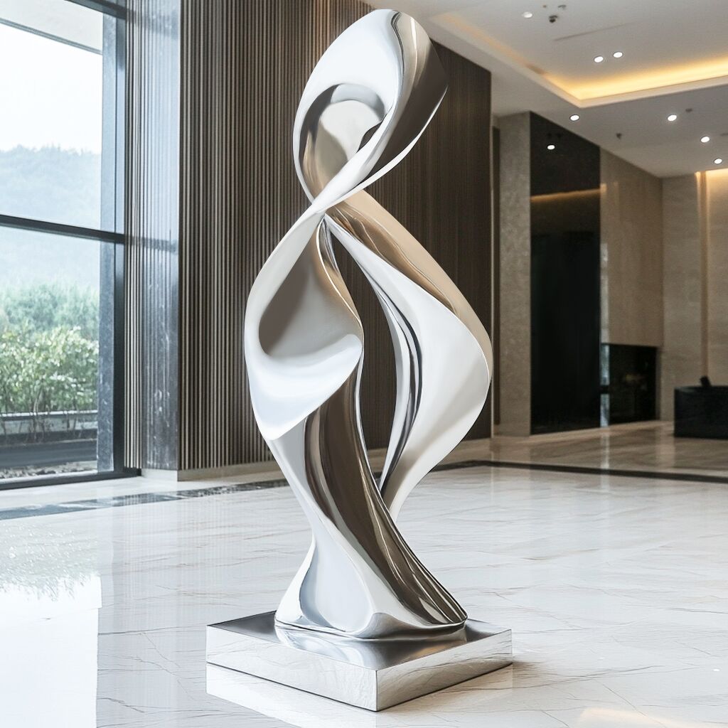 Custom modern art stainless steel abstract sculpture with brushed finish and square base