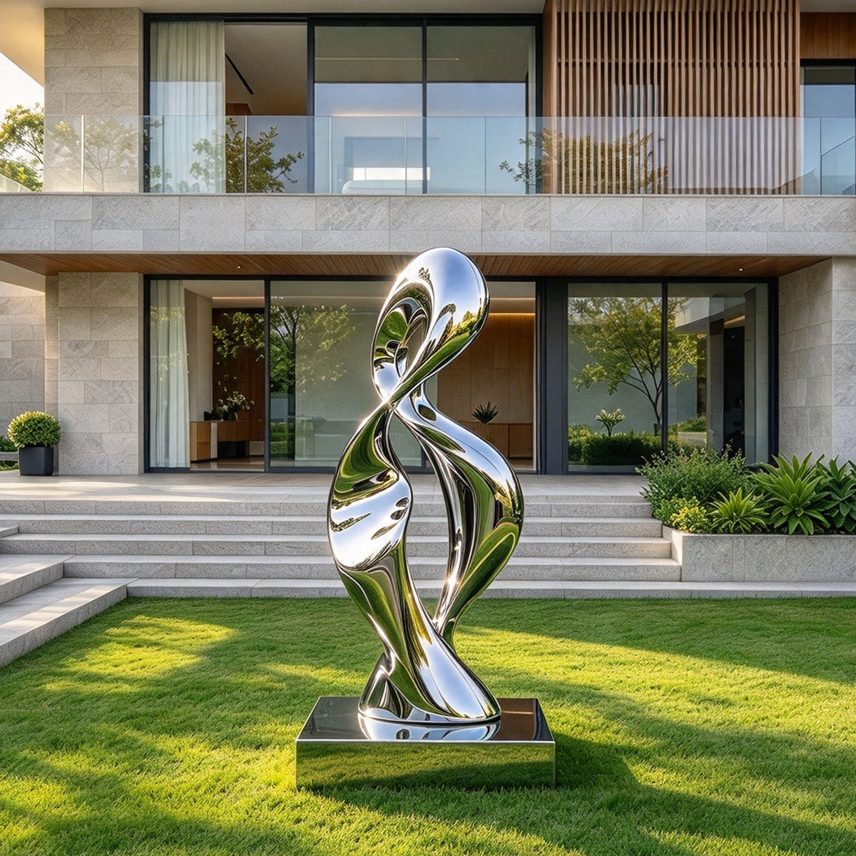 Custom modern art stainless steel abstract sculpture with brushed finish and square base