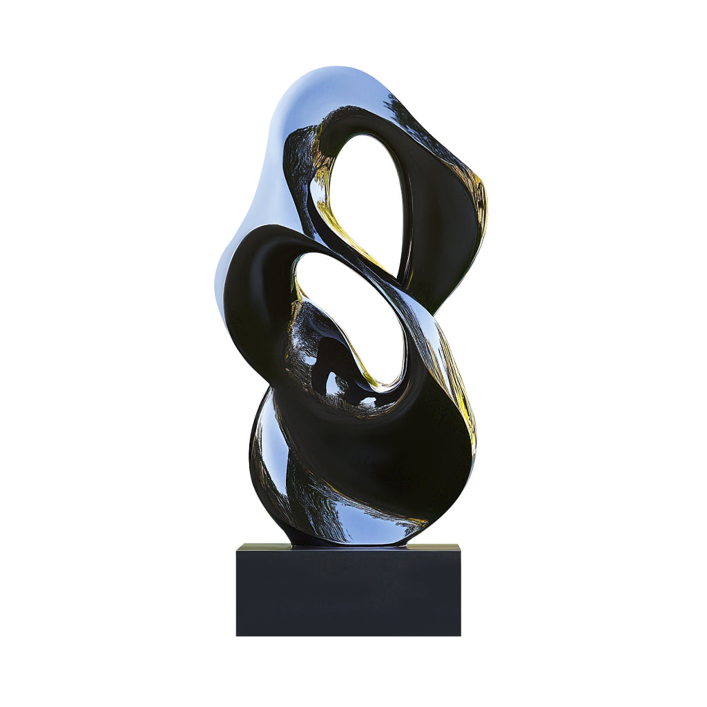 Modern abstract polished black outdoor sculpture with flowing curves