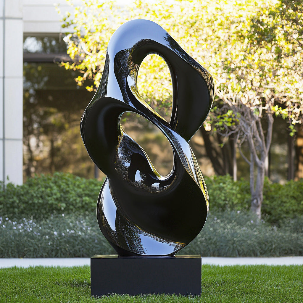 Modern abstract polished black outdoor sculpture with flowing curves, displayed on a black base in a landscaped garden setting.