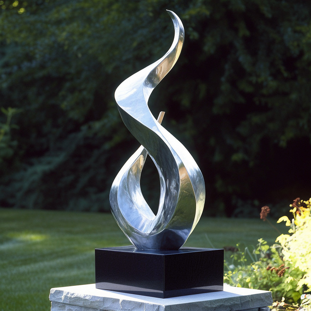 Modern stainless steel flame-inspired sculpture with a polished mirror finish, displayed on a black base in an outdoor garden setting.