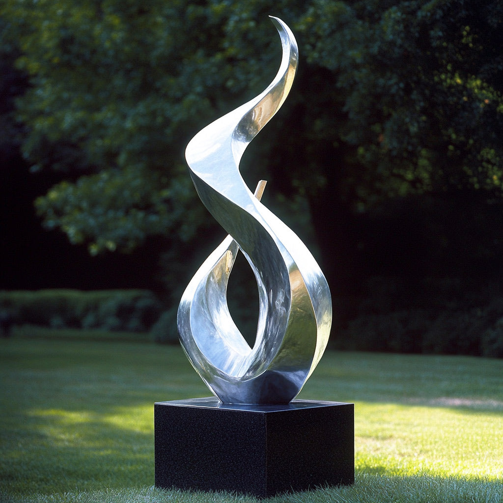 Modern stainless steel flame-inspired sculpture with a polished mirror finish, displayed on a black base in an outdoor garden setting.