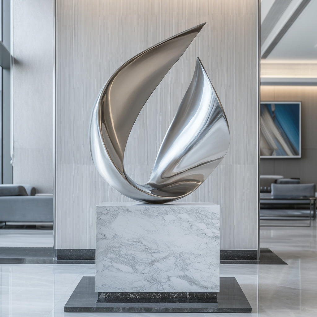 Contemporary Indoor Modern Abstract Polished Stainless Steel Sculpture with flowing curves and polished finish, display in luxury interiors