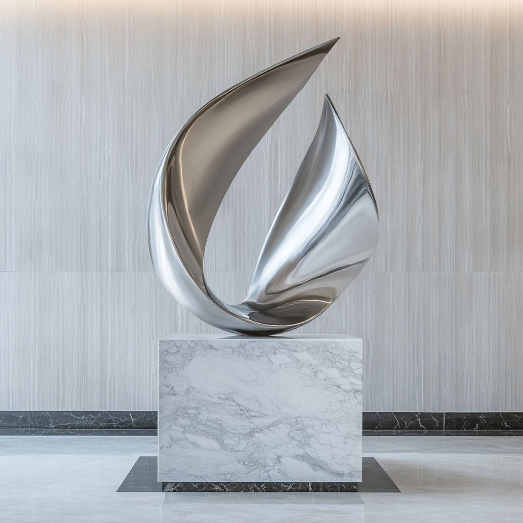 Contemporary Indoor Modern Abstract Polished Stainless Steel Sculpture with flowing curves and polished finish, display in luxury interiors