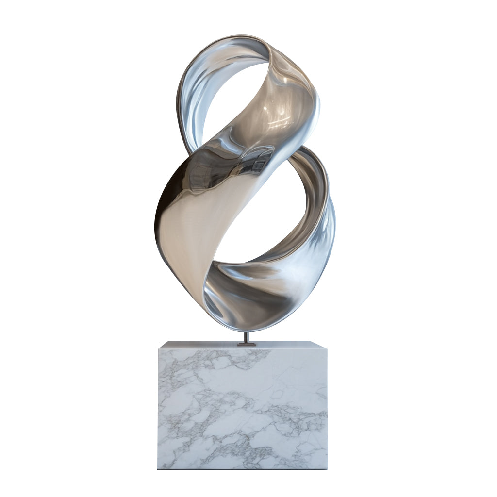 Contemporary indoor modern abstract infinity stainless steel sculpture with polished finish and white base