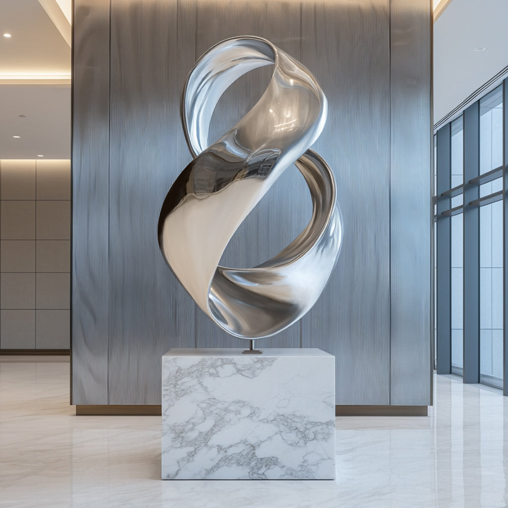 Contemporary indoor modern abstract infinity stainless steel sculpture with polished finish and white base display indoor lobby