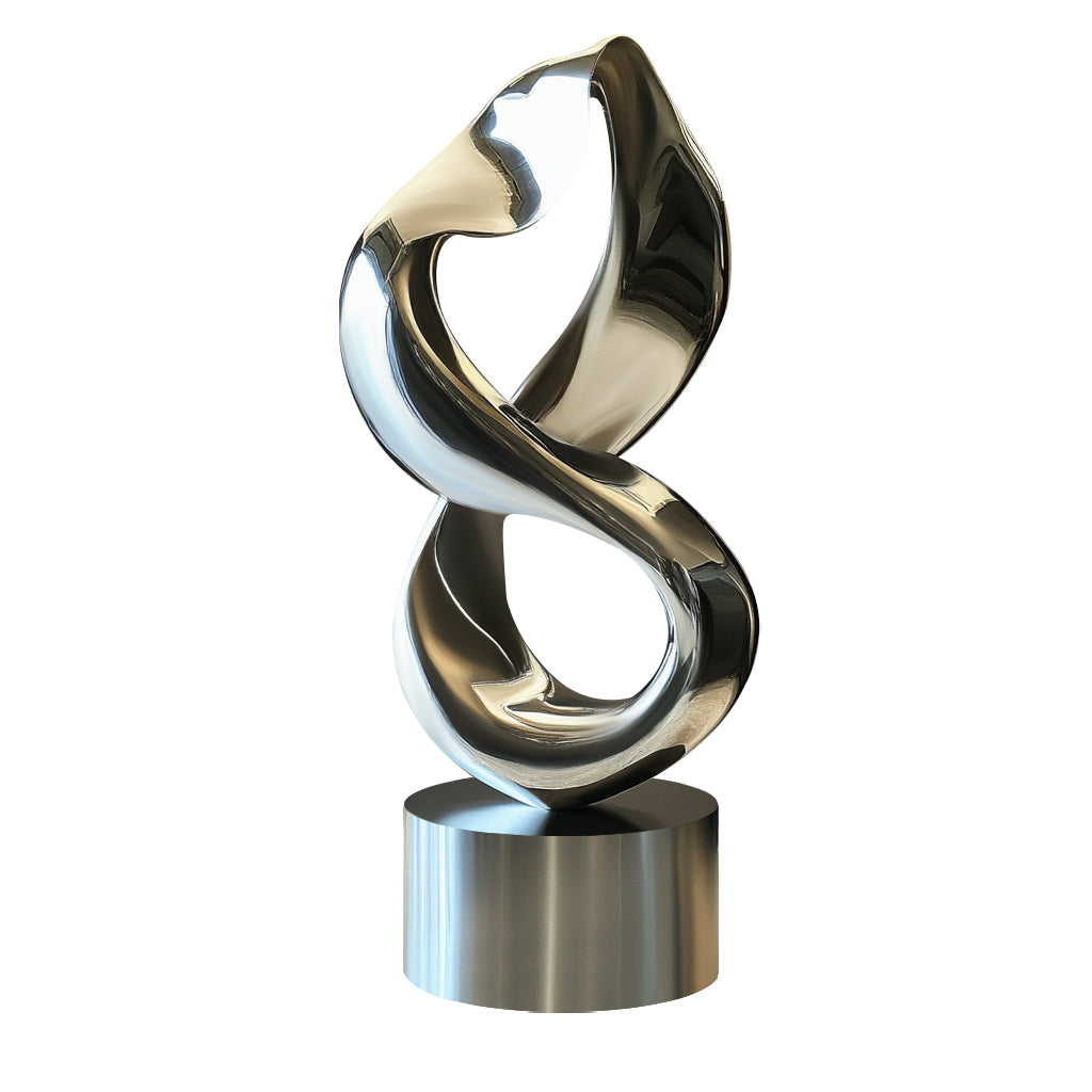 Modern abstract stainless steel infinity loop sculpture with polished finish and round base