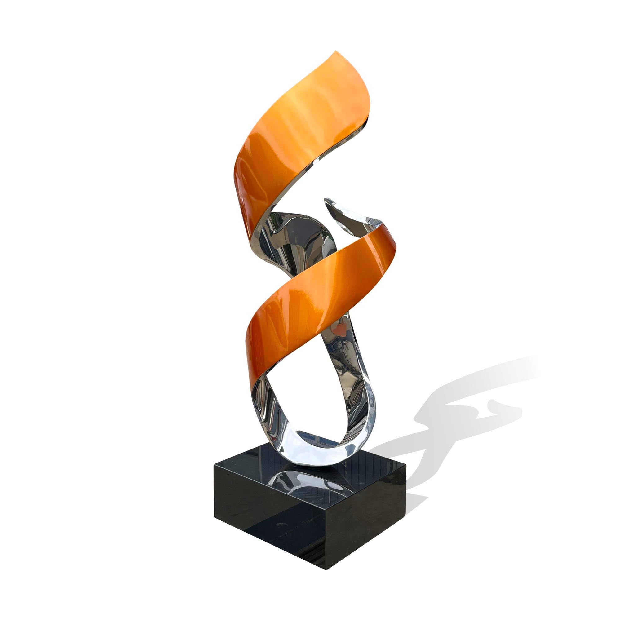 contemporary gold metal abstract sculpture polished stainless steel ribbon form on black base