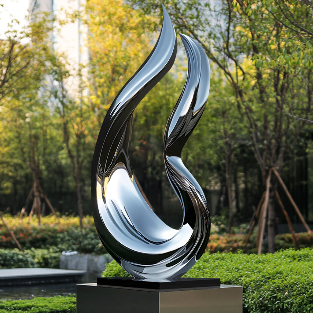 Custom Contemporary Flowing Abstract Stainless Steel Sculpture with a polished mirror finish, display outdoor garden
