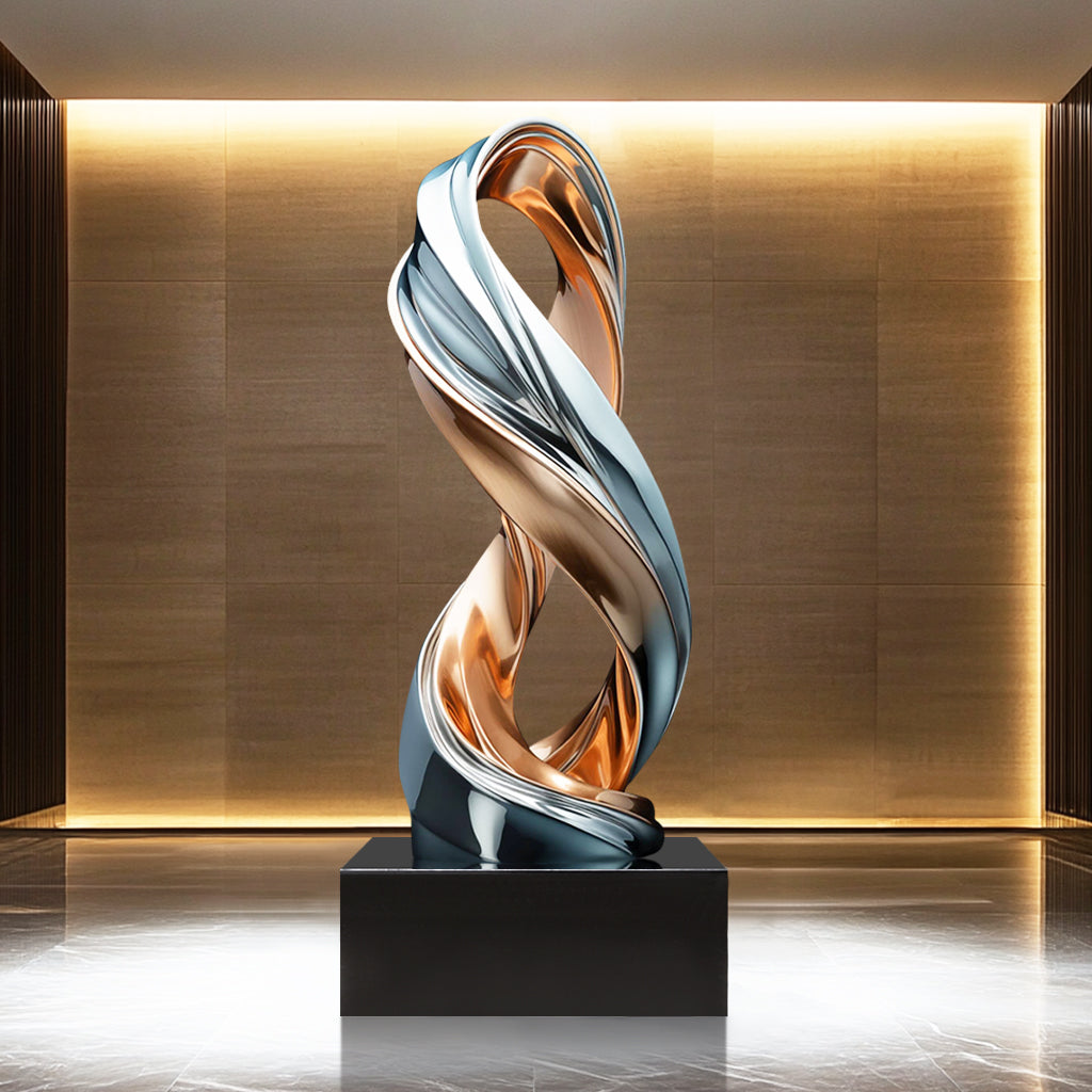 Custom Modern Dual-Tone Abstract Stainless Steel Sculpture with polished silver and rose gold finish, ideal for luxury interiors and corporate spaces.