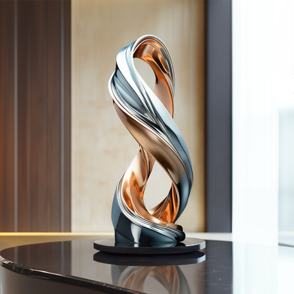 Custom Modern Dual-Tone Abstract Stainless Steel Sculpture with polished silver and rose gold finish, ideal for luxury interiors and corporate spaces.