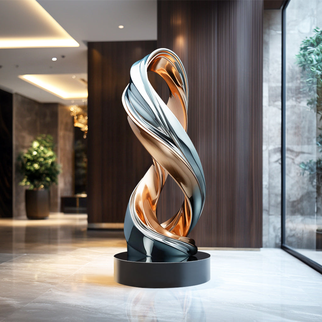 Custom Modern Dual-Tone Abstract Stainless Steel Sculpture with polished silver and rose gold finish, ideal for luxury interiors