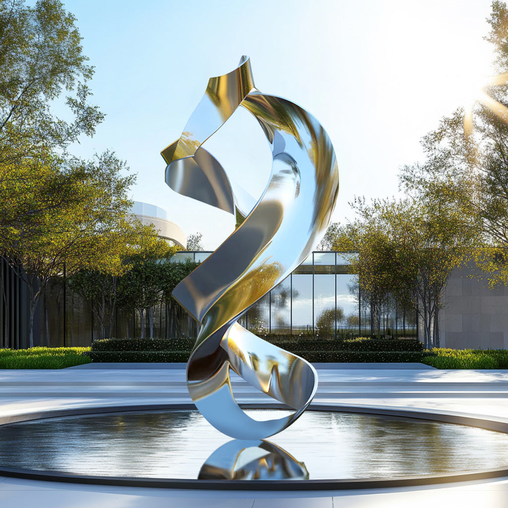 Custom Modern Stainless Steel Spiral Abstract Sculpture with a polished mirror finish, display outdoor parks