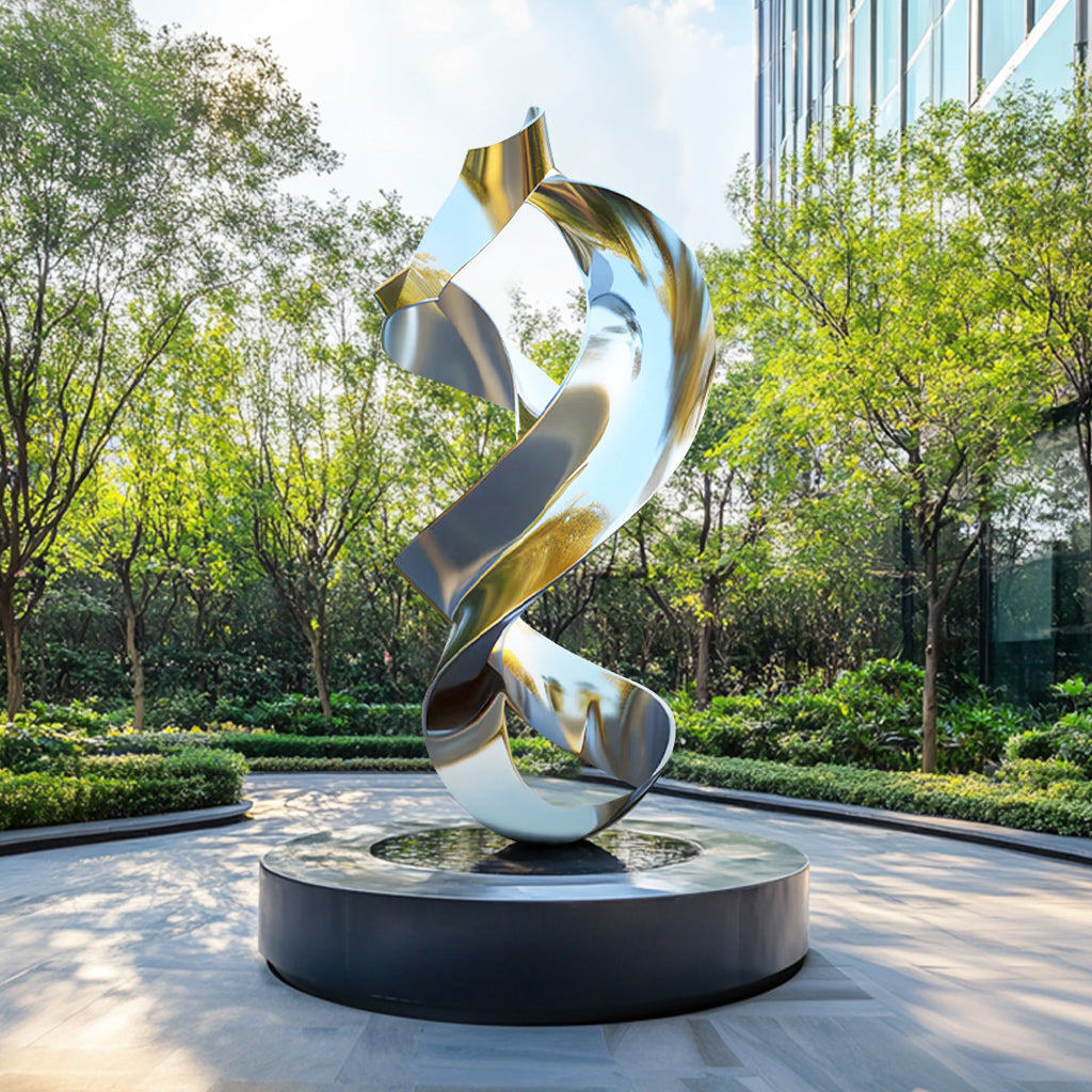 Custom Modern Stainless Steel Spiral Abstract Sculpture with a polished mirror finish, display luxury estates.