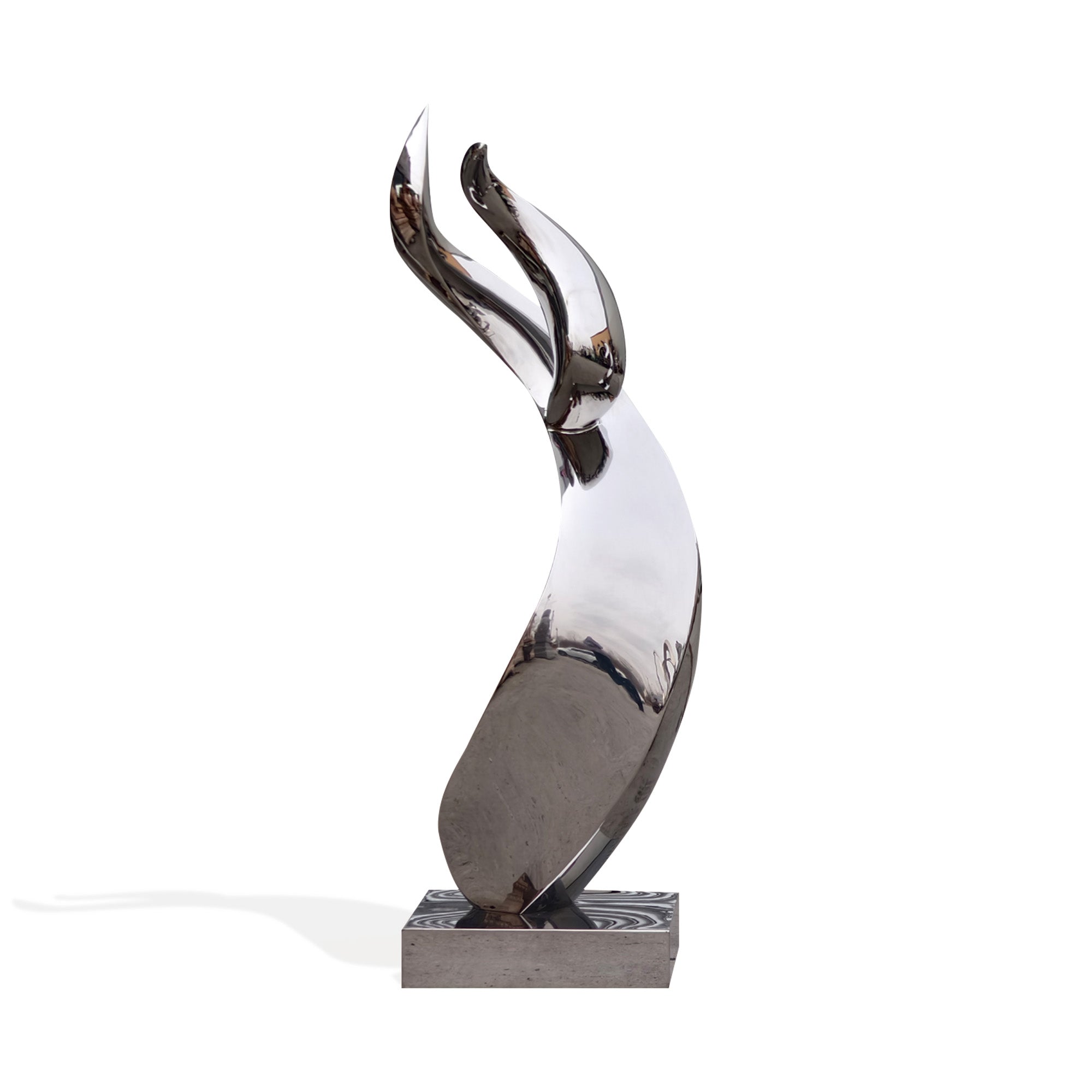 Stainless steel abstract sculpture with mirror finish, viewed from the back to showcase its smooth curves and dynamic form