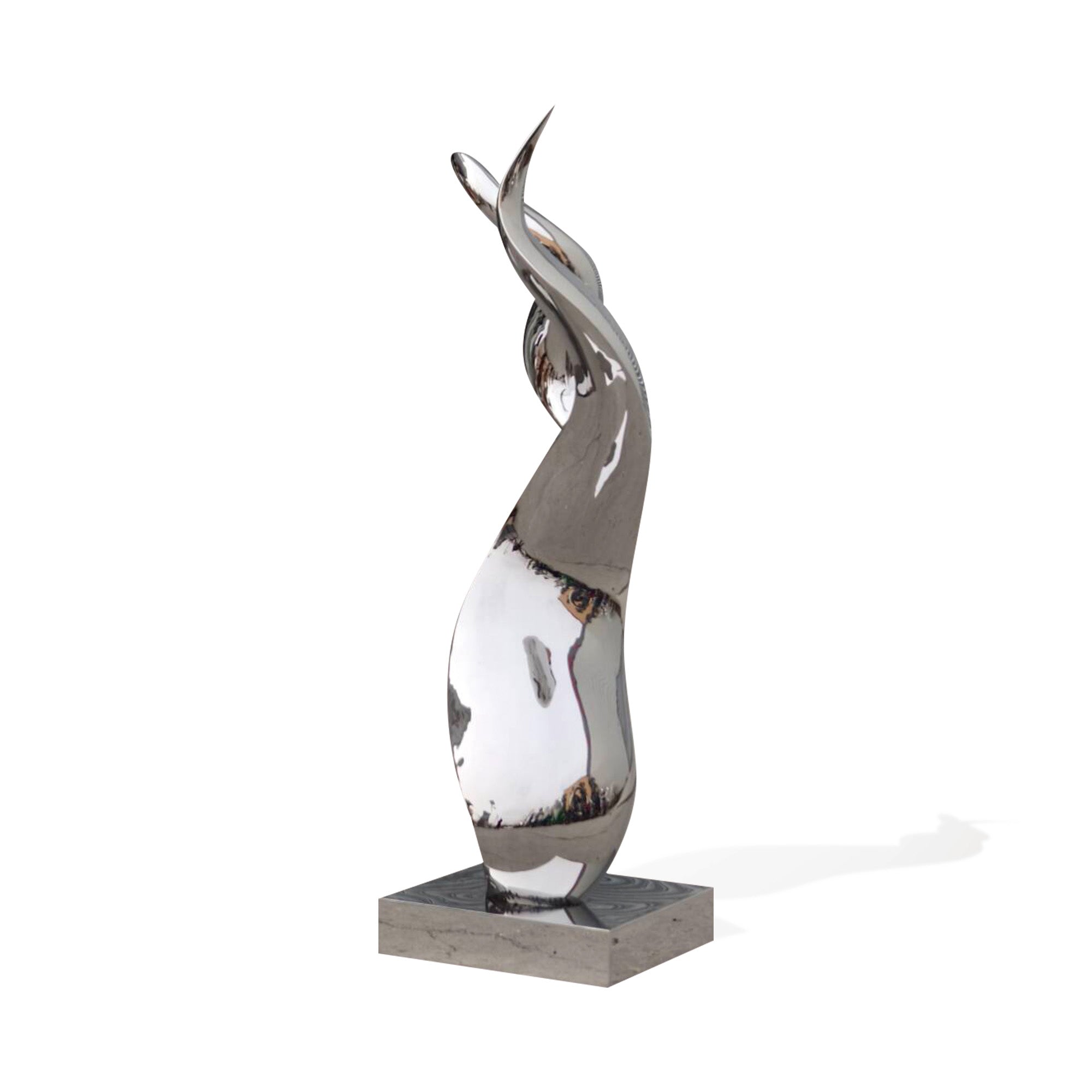 Contemporary stainless steel abstract sculpture with a shiny mirror finish, captured from a side angle emphasizing the sculptural twists and reflective surfaces