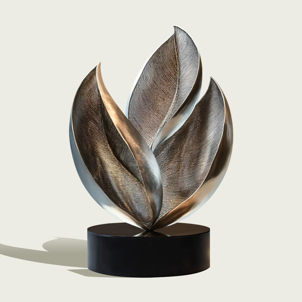 Custom Abstract Leaf-Inspired Stainless Steel Indoor Sculpture with brushed and polished finish and black base