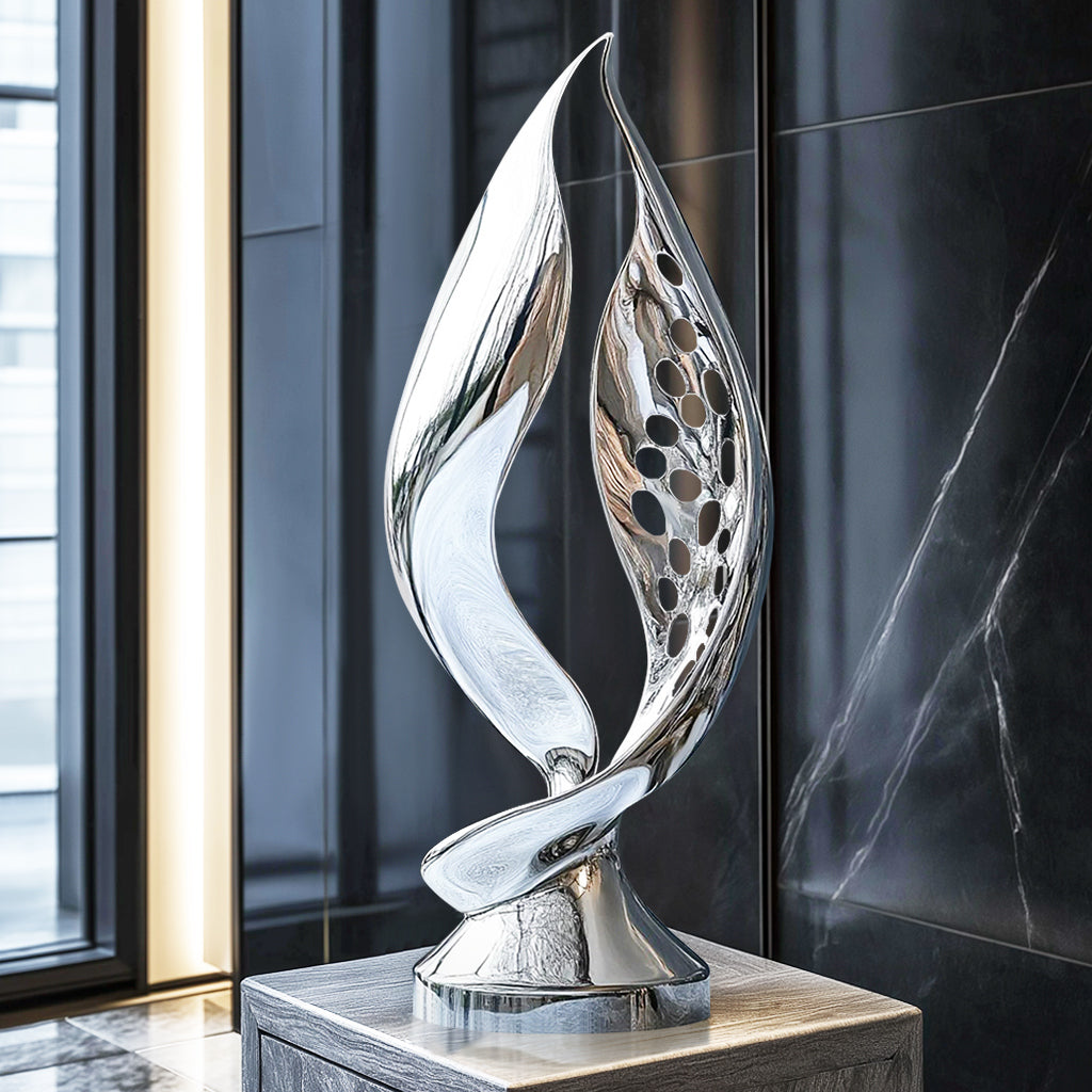 Custom Modern Stainless Steel Abstract Leaf Sculpture with cutout design, polished mirror finish, ideal for luxury interiors, corporate offices, and art galleries.