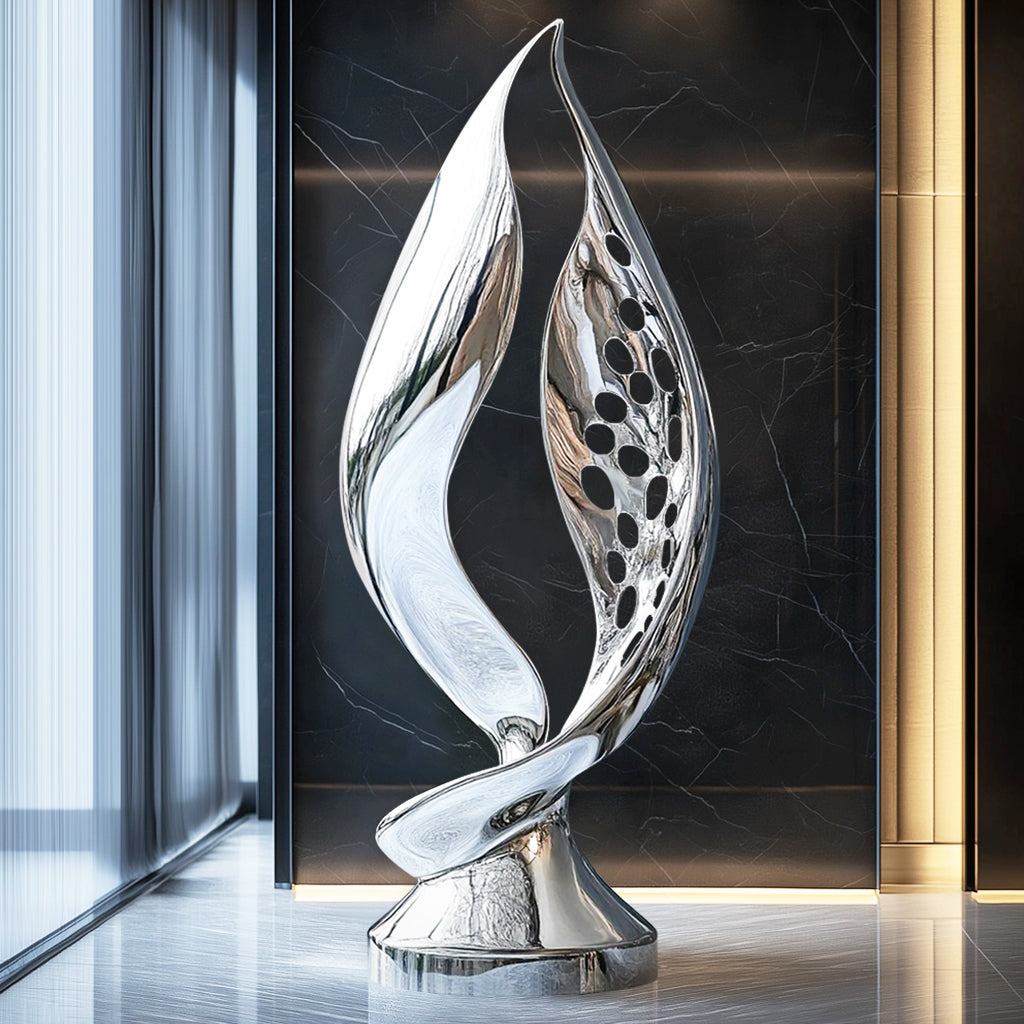 Custom Modern Stainless Steel Abstract Leaf Sculpture with cutout design, polished mirror finish, ideal for luxury interiors, corporate offices, and art galleries.