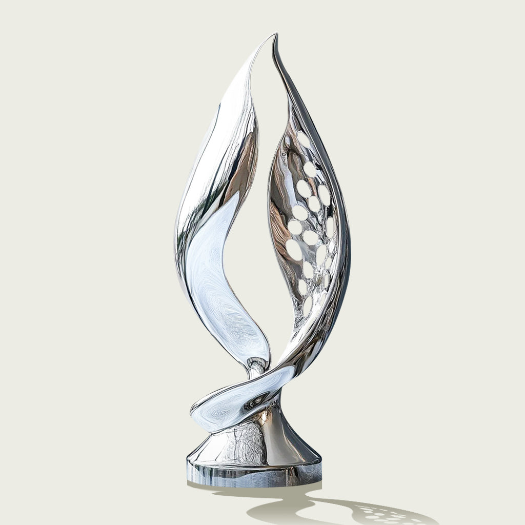 Custom Modern Stainless Steel Abstract Leaf Sculpture with cutout design, polished mirror finish