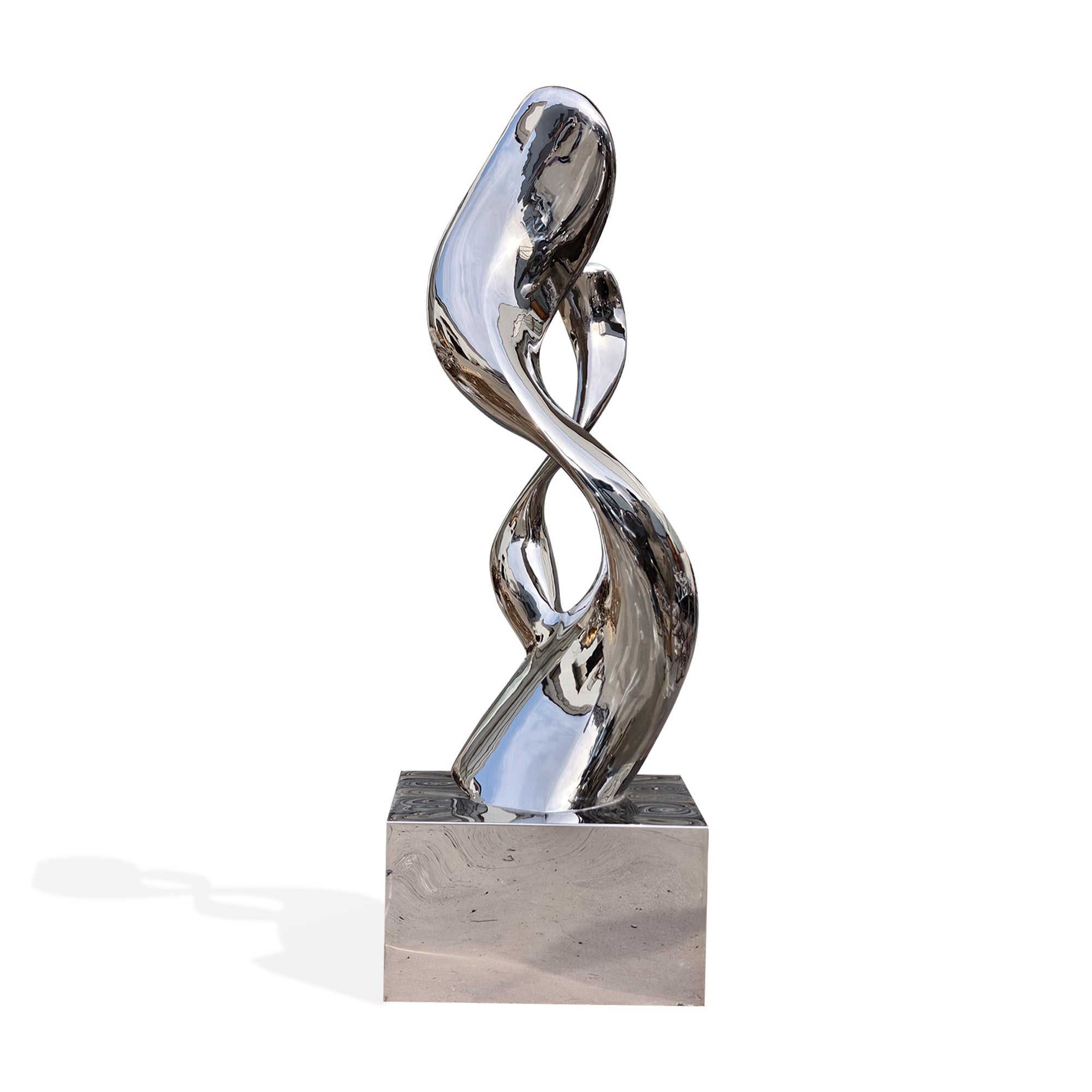 Abstract stainless steel sculpture with a twisting form, showcasing smooth curves and a highly polished surface, captured from the front