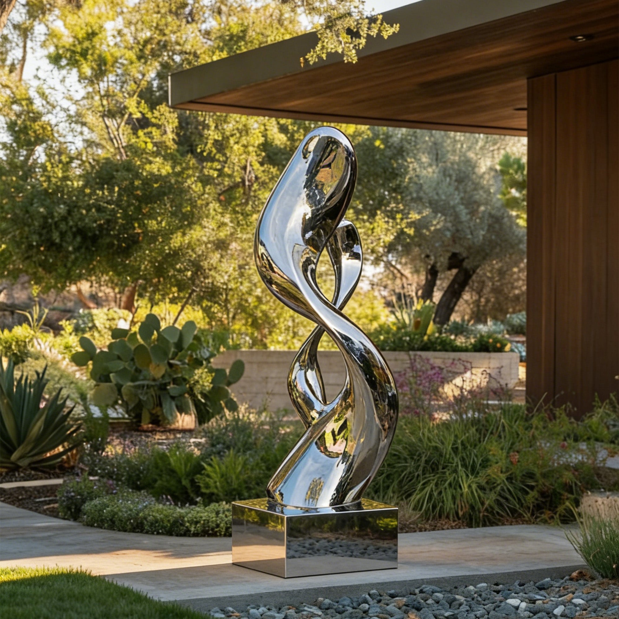 Abstract stainless steel sculpture with a reflective mirror finish, placed in an outdoor garden, creating a striking focal point in the landscape